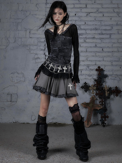 トリムスターレースウェイストランドパンクスタッド装飾ブラックグレー/ベージュTシャツと