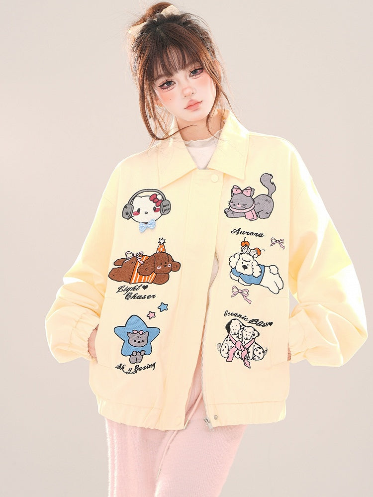 Pink/Apricot Cute Animal Zip Placket Baseball Jacket