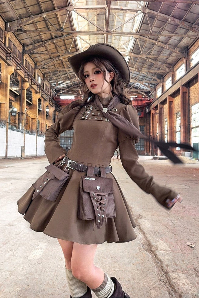 Steampunk Brown x Gothic Black Mode Buckle High Collar Puff Sleeve Doll Dress