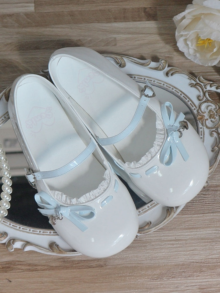 Bow Buckle Lace Sweet Blue Accent Trim Lolita Heart Flats White Design -