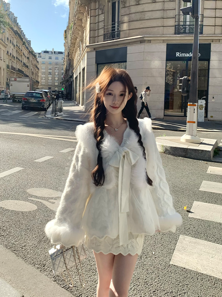 Skirt Knit Top Set Vintage Cable-Knit Frayed-Trim Wool Luxe