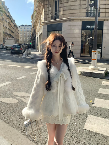 Skirt Knit Top Set Vintage Cable-Knit Frayed-Trim Wool Luxe