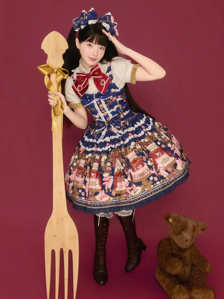 Lolita and Print Dress Details Sweet Bow Lace JSK Cake Blue Bear with Trim Dark