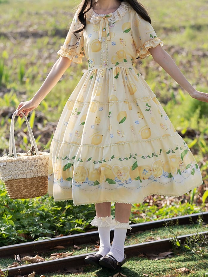 春とひよこドレス袖ショート夏プリントロリータレモンイエロー