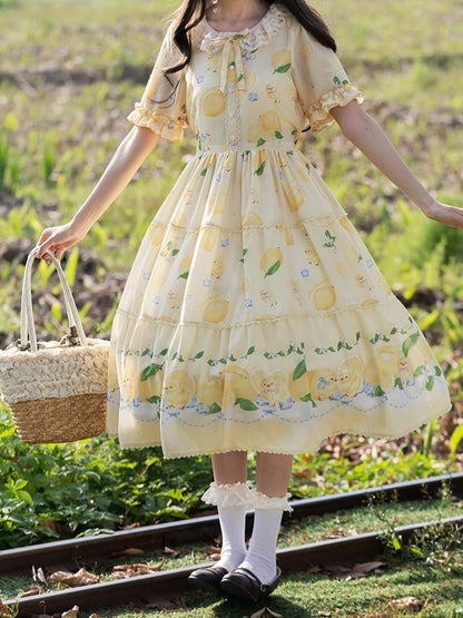 春とひよこドレス袖ショート夏プリントロリータレモンイエロー