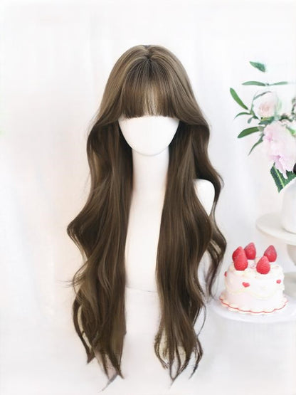 Black/Light Brown Long Wavy Wig With Air Bangs