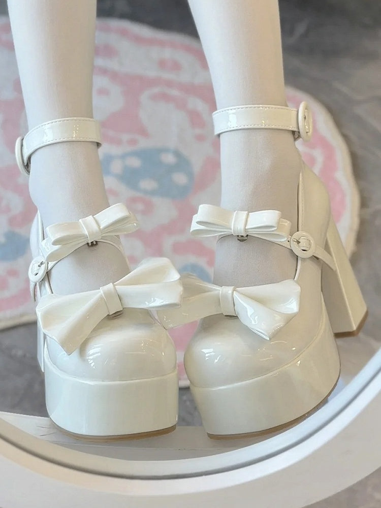 High Detachable Heel Elegant Mary with Lolita Bow - Buckle Circle White Janes Polished for Block