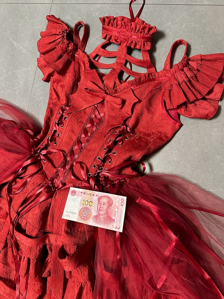 Design Schnürschuhe mit Taillen-Vogelkäfig-Ovarlay-Rot-Lolita-Kleid-Rock groß und Gothic-Schleife-Korsett abnehmbar