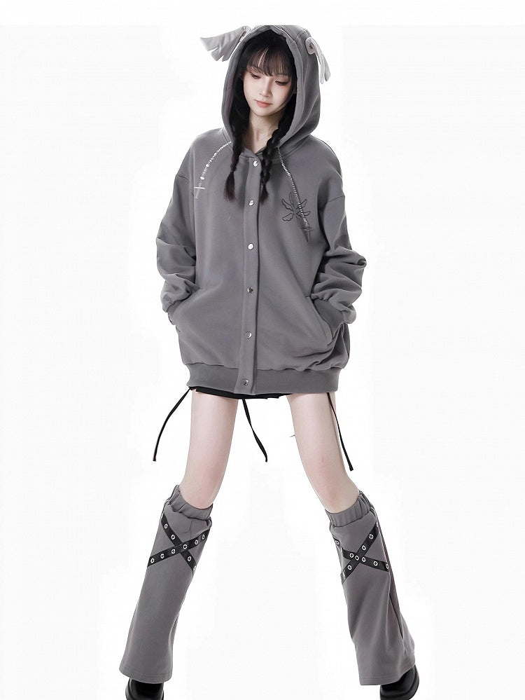 ブラック/グレー クロス PU ストラップ レッグウォーマー