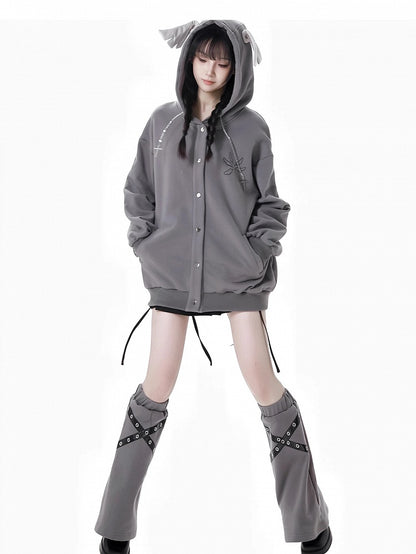 ブラック/グレー クロス PU ストラップ レッグウォーマー