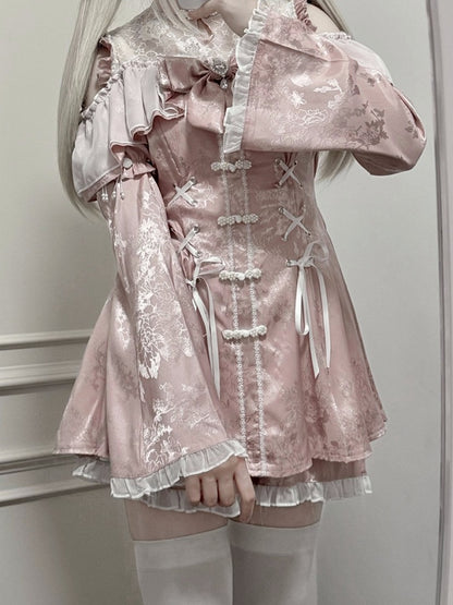 セット - ショートパンツ、蝶ネクタイネックライン、ベルスリーブ、イリュージョンチャイナドレス、ミニドレス、ダスティジライスタイル、ピンクケイ