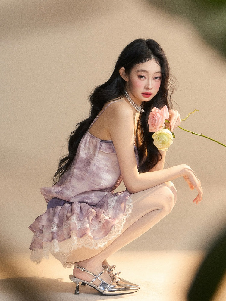 Lavender Oil Strap Tiered with Skirt Slip Dress Mini Painting Self-tie