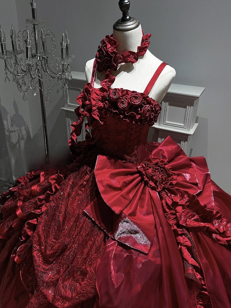 Hanayome Taillenstäbchen Bodenkorsett Länge Kleid Hime Kleid Rot Ball Lolita