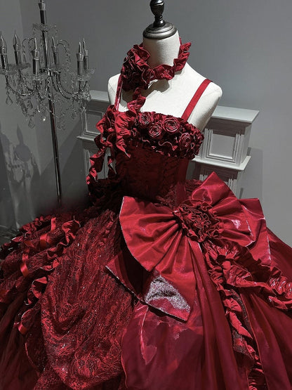 Hanayome Taillenstäbchen Bodenkorsett Länge Kleid Hime Kleid Rot Ball Lolita