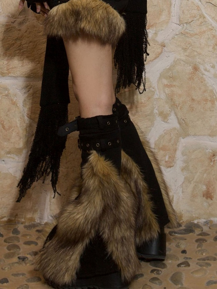 with Punk Fur Gyaru Warmers Buckle Trims Faux Fashion Straps Leg Black Y2K