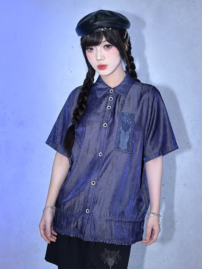 Purple Short Sleeve Shirt with Sea Lily and Drawstring - Quirky Hut