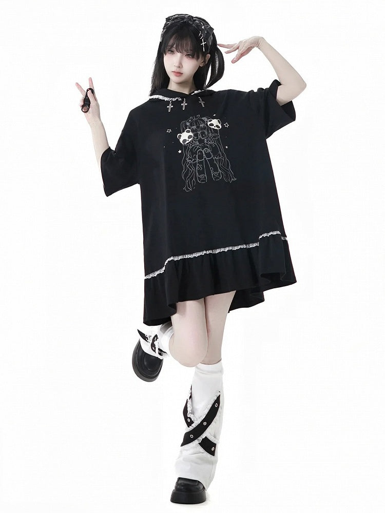 Black Cross Charms Contrast Girl Trim Dress Print Hooded Bittersweet Lace