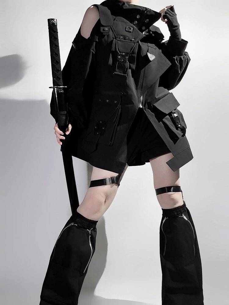 Black Shorts Techwear Jacket Leg + Open Outfit Windbreaker Shoulders Futuristic Warmers -