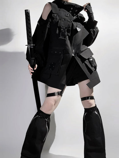 Black Shorts Techwear Jacket Leg + Open Outfit Windbreaker Shoulders Futuristic Warmers -