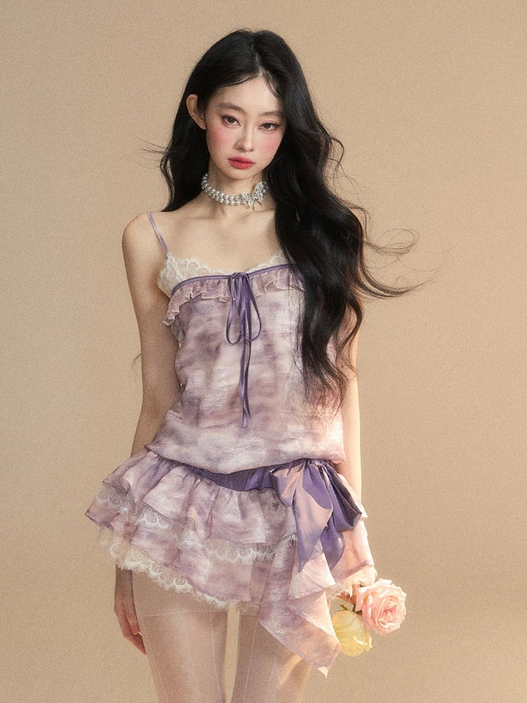 Lavender Oil Strap Tiered with Skirt Slip Dress Mini Painting Self-tie