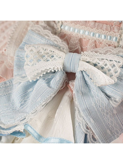 Witch-Themed Lolita JSK Full Ensemble in Pink and Blue with Bow Train, Cape, Detachable Sleeves, Hat and Outer Sleeves - Felinae Cookie