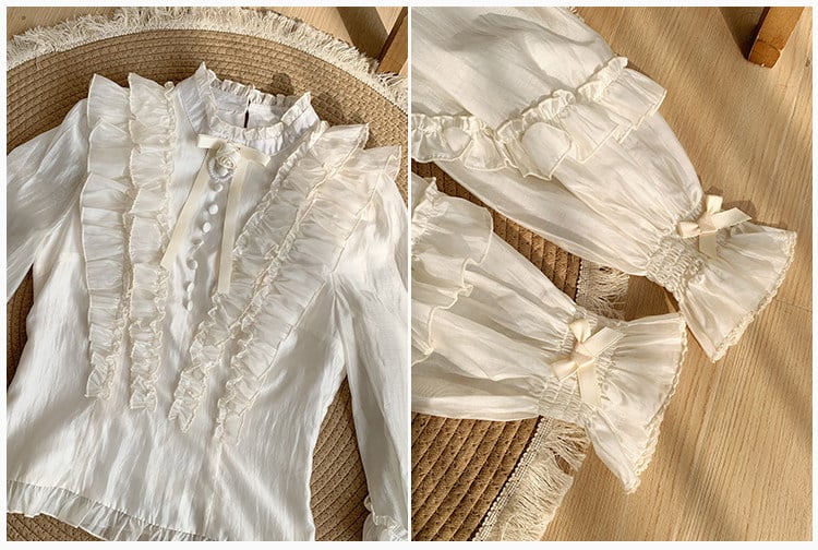 Beige Balloon Sleeve Blouse with Ruffle Accents and Rose Brooch - With PUJI