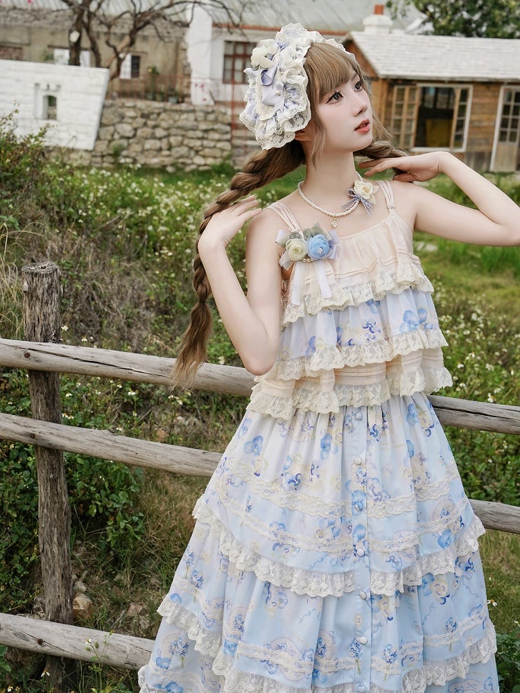 Print Top Cami Blau Floral Beige Stufen und