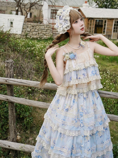 Print Top Cami Blau Floral Beige Stufen und