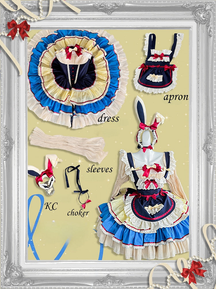 ダークブルーとレッドの白雪姫スイートメイドエプロン + バスクウエストストラップレスティアードフリルパフィードレス