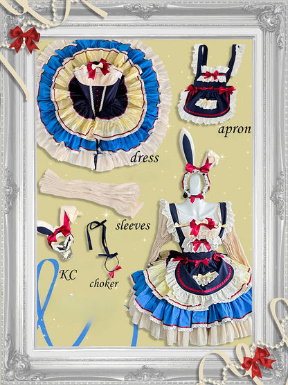 ダークブルーとレッドの白雪姫スイートメイドエプロン + バスクウエストストラップレスティアードフリルパフィードレス