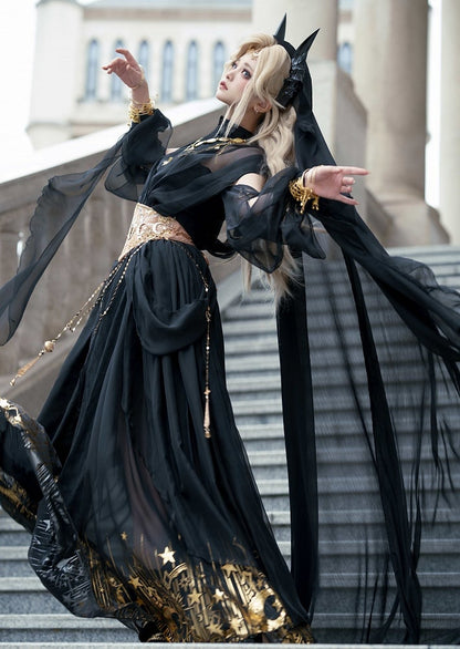 Sleeveless Vibes Moon Stars Full Neck Black Skirt + Print Top Golden Greek Halter and Set