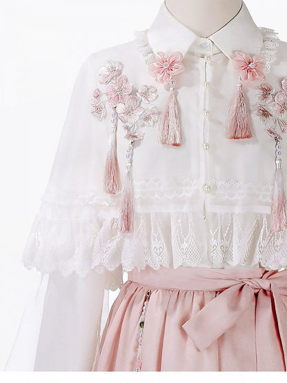 Pink and White Chinese-Style Long-Sleeved Top Set with Floral Print Skirt and Lace-Trimmed Chiffon Cape - Han Ru Chu Hanfu &amp; Han-Element Studi