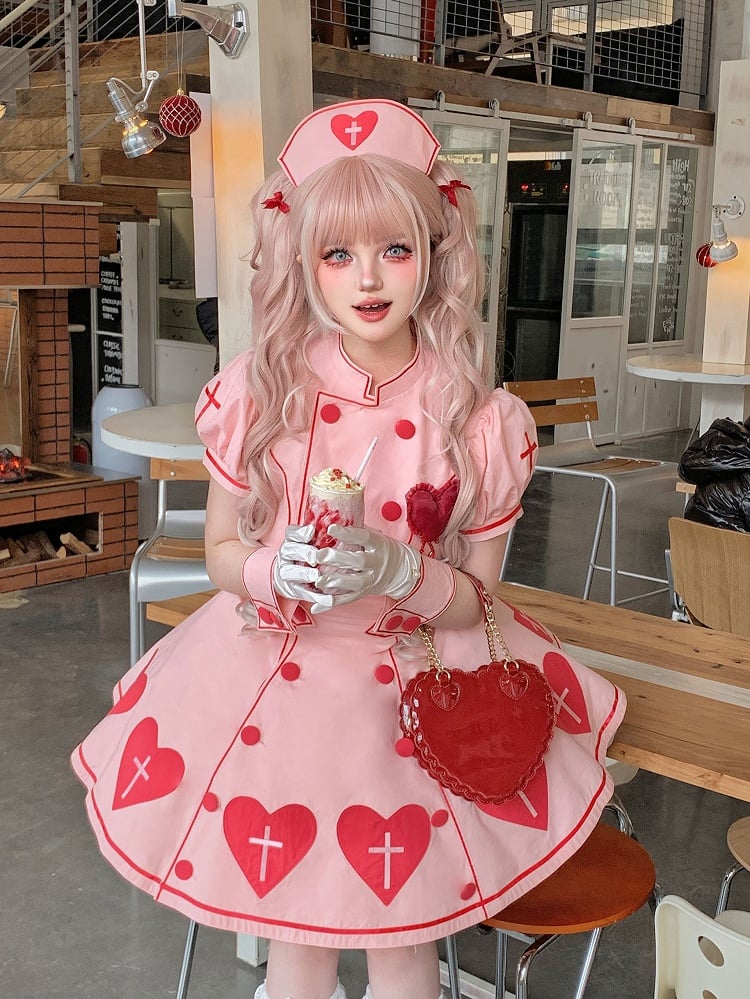 Sleeves Puff Dress Cross Nurse Heart Patches Lolita Pink