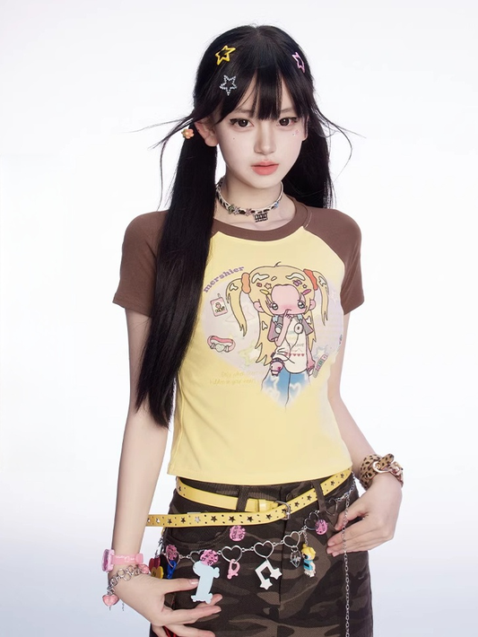 Y2K Gelbes Colorblock-Design T-Shirt mit Cartoon-Print, schmale Passform