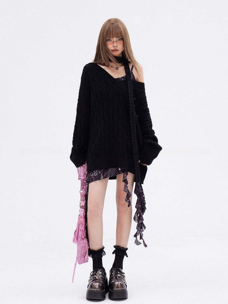 アプリコット/ブラック Vネック ホロウアウト ニットセーター