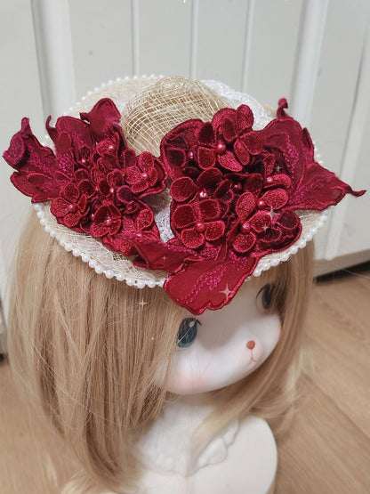Hat Flower Straw Pearl Clips Red Lolita With Mini Wine