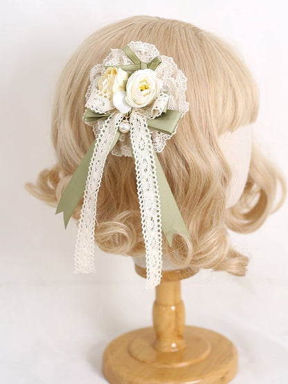 Bead With Bowknot Green Beige Charm Hairclip Floral Lolita Country Lace
