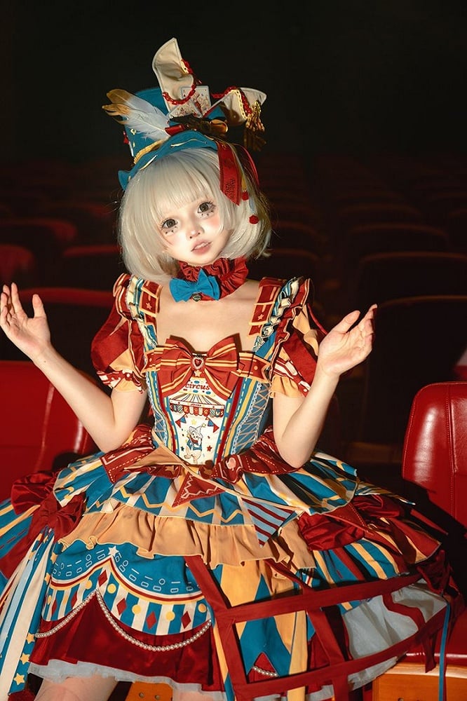 with Skirt Blue Jumper Sweet Dress Bunny Circus Embroidery and Sleeves Detachable Lolita Puff Red