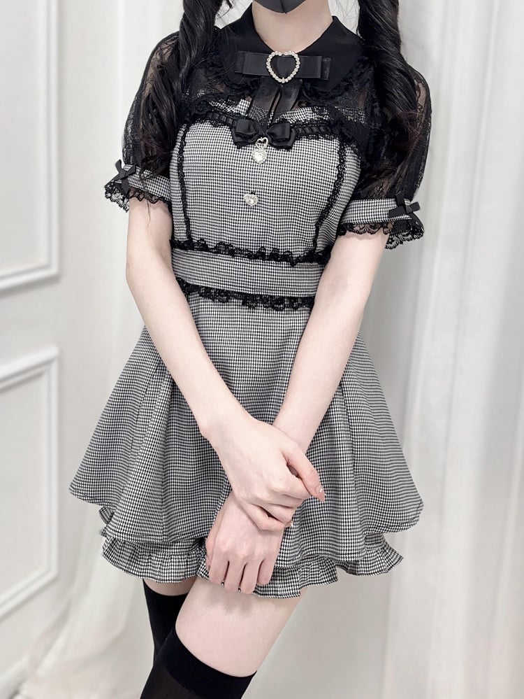 Set Shorts Sweetheart Black + Houndstooth Kei Decoration Bowtie Jirai Lace -Shirt Top Shawl Rhinestone Collar