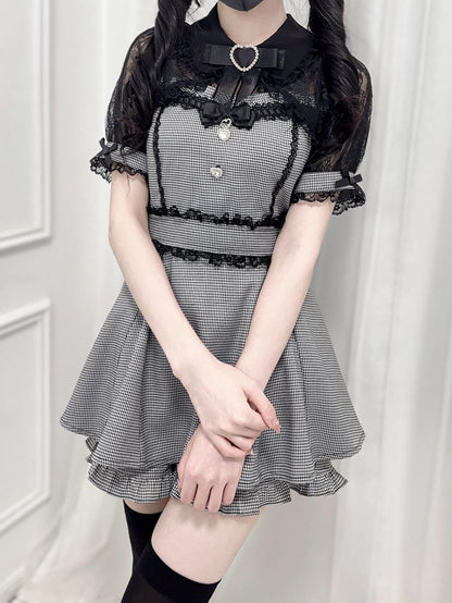 Sweetheart Bowtie Rhinestone Kei Shawl Houndstooth -Shirt Black Jirai Set Top Shorts Lace Collar Decoration +