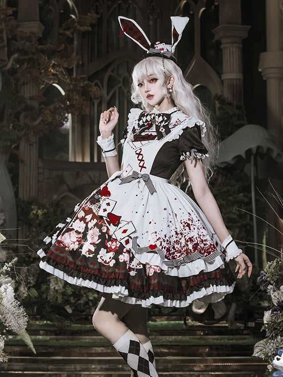 Sweet Lolita Apron Dress OP Full Set with Bunny & Teapot Print in Black and Red - Ying Luo Fu