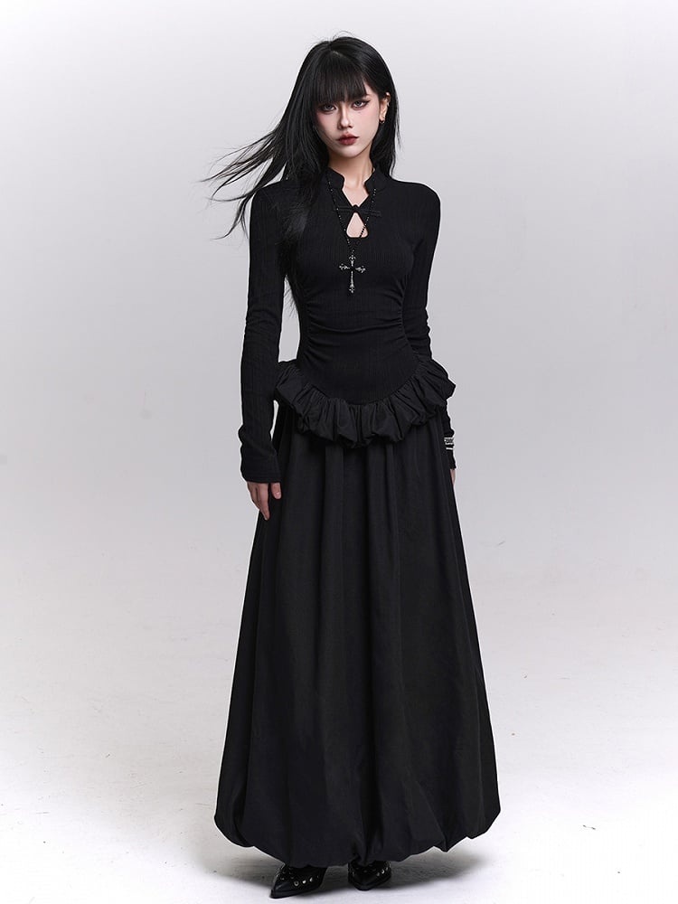 Black Knit Maxi Bubble Dress with Ruffled Hem