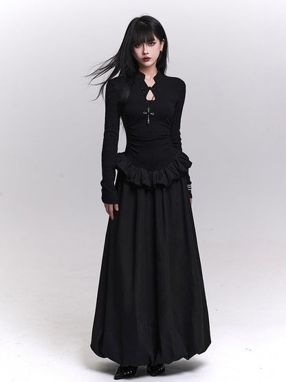 Black Knit Maxi Bubble Dress with Ruffled Hem