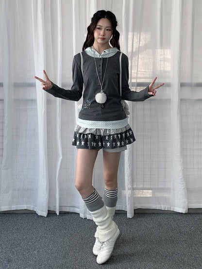 Y2K Dot Wings Patchwork Rhinestone Gray Hooded with Two-piece Polka Top