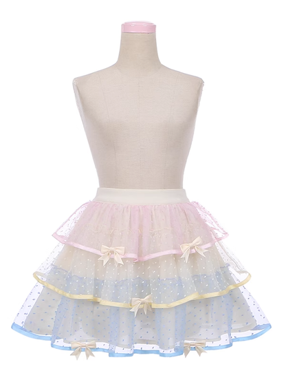 Tüll-Stufenrock mit Schleifenakzenten, Gelb, gepunktet, Rosa