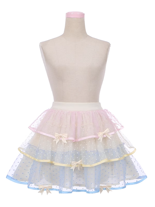 Tüll-Stufenrock mit Schleifenakzenten, Gelb, gepunktet, Rosa