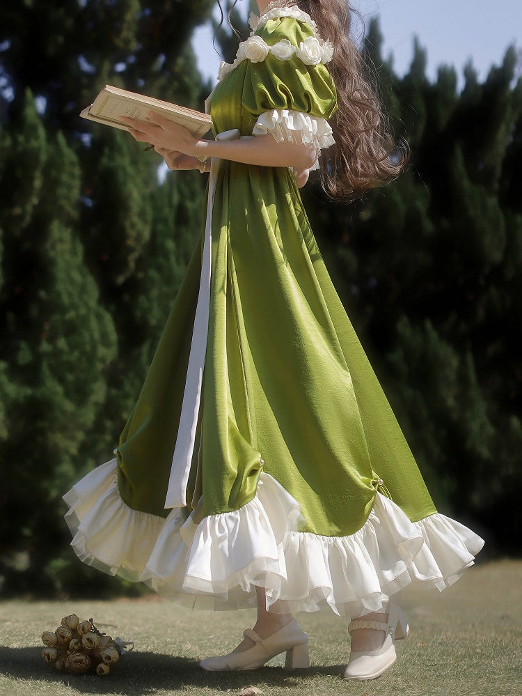 グリーンエンパイアウエストマキシドレス ビーズディテール エレガントロリータ