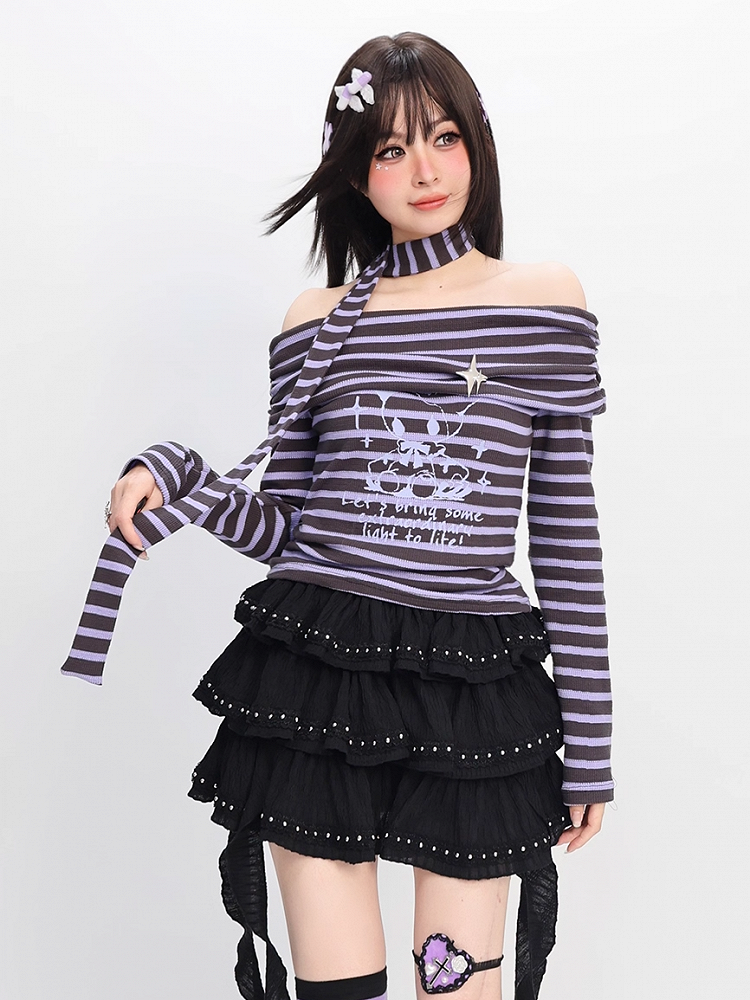 Neckline Striped Top Off-the-shoulder with Free Gray and Y2K Purple Scarf