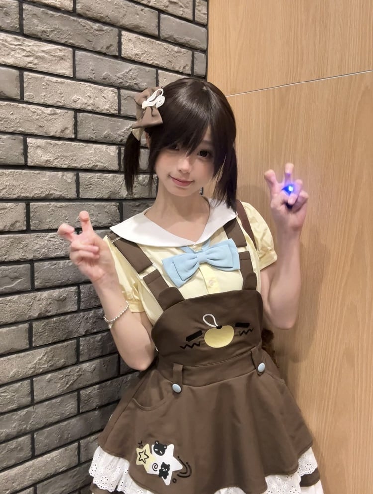 Brown Overall and with Dress Trim Lace Embroidery Bear