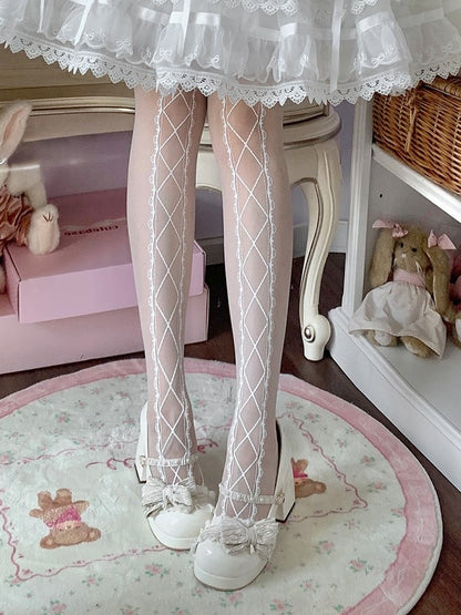 Banded Tights Crisscorss White Sweet Lolita Print